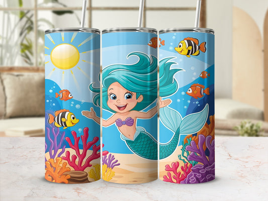 Mermaid with teal hair swimming with fish and coral reefs.