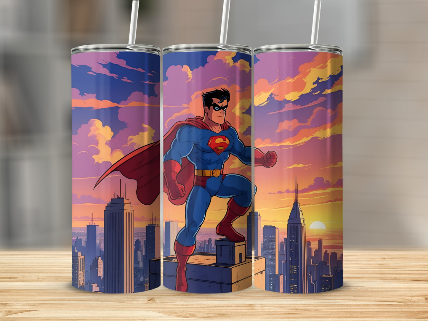 Superhero Overlooking City Against Sky Art Image Tumblers