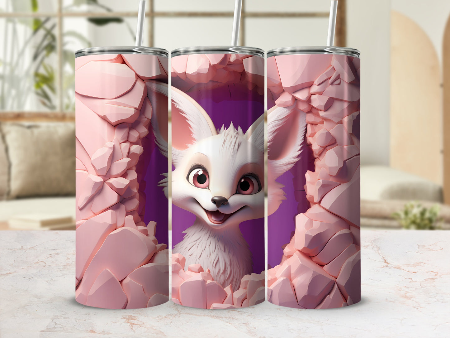 Cute Fox Among Rocks Design Tumbler With Straw