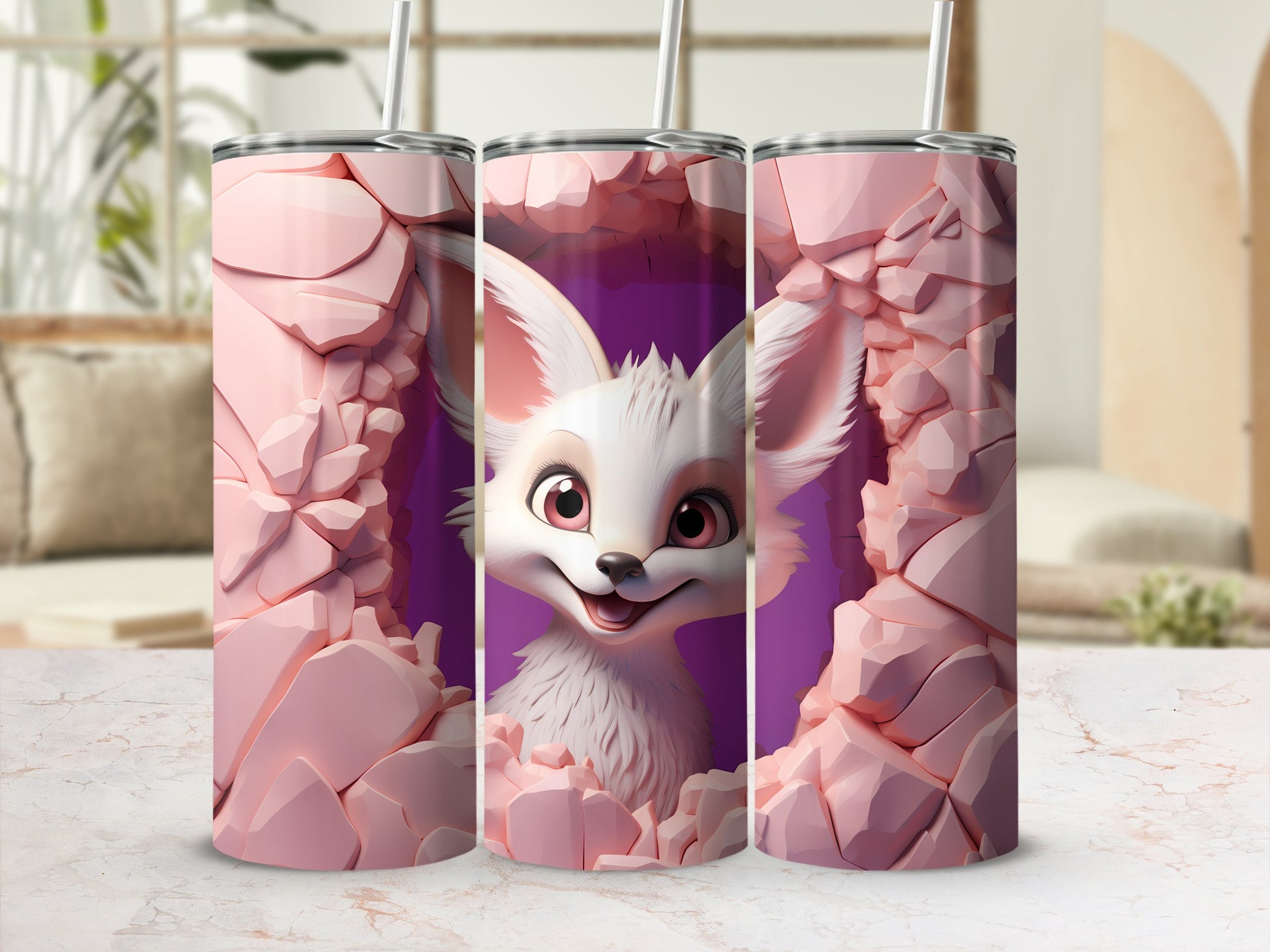 Cute Fox Among Rocks Design Tumbler With Straw