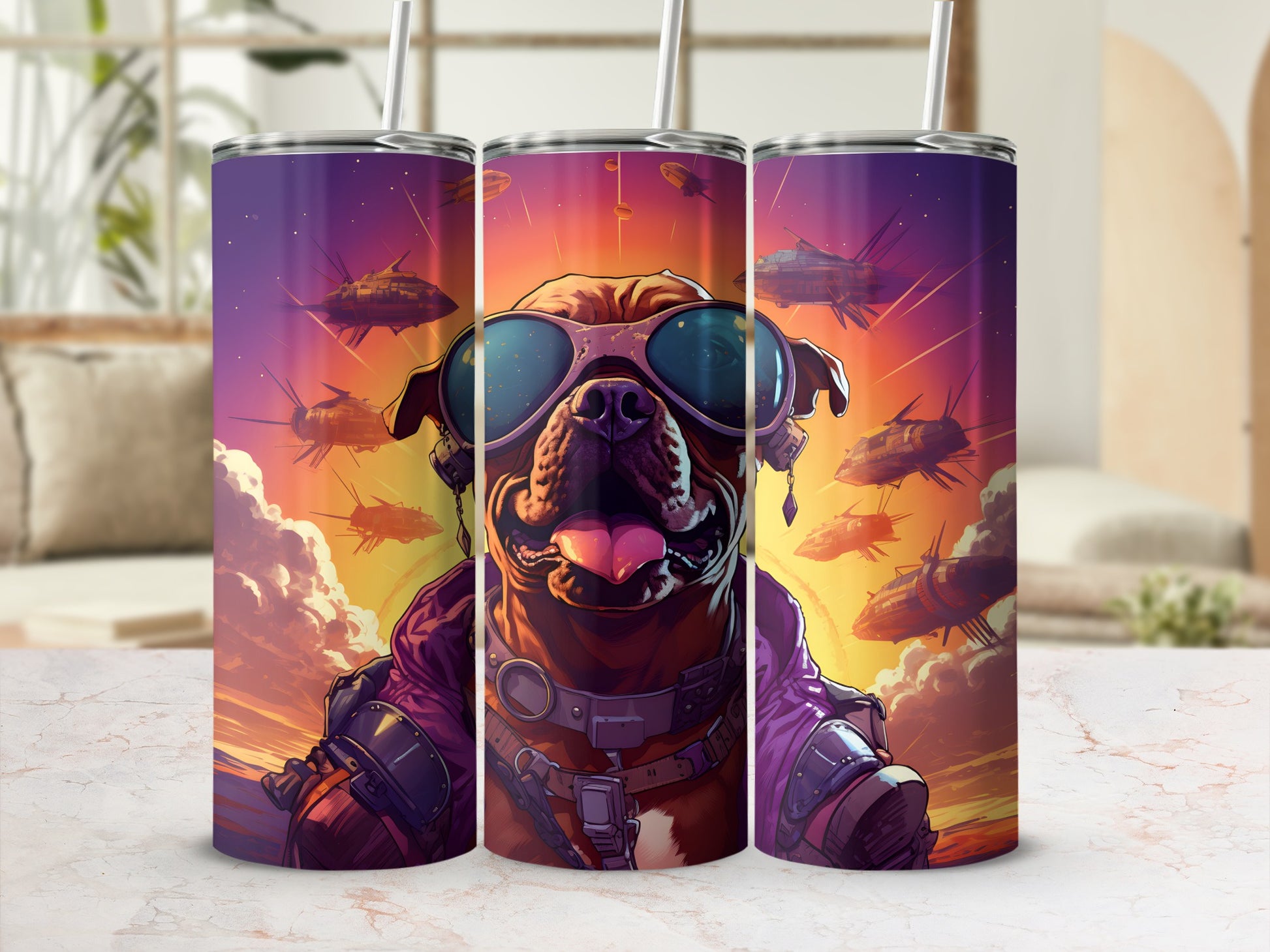 Dog in sunglasses and sci-fi armor with spacecraft against a colorful sunset sky.