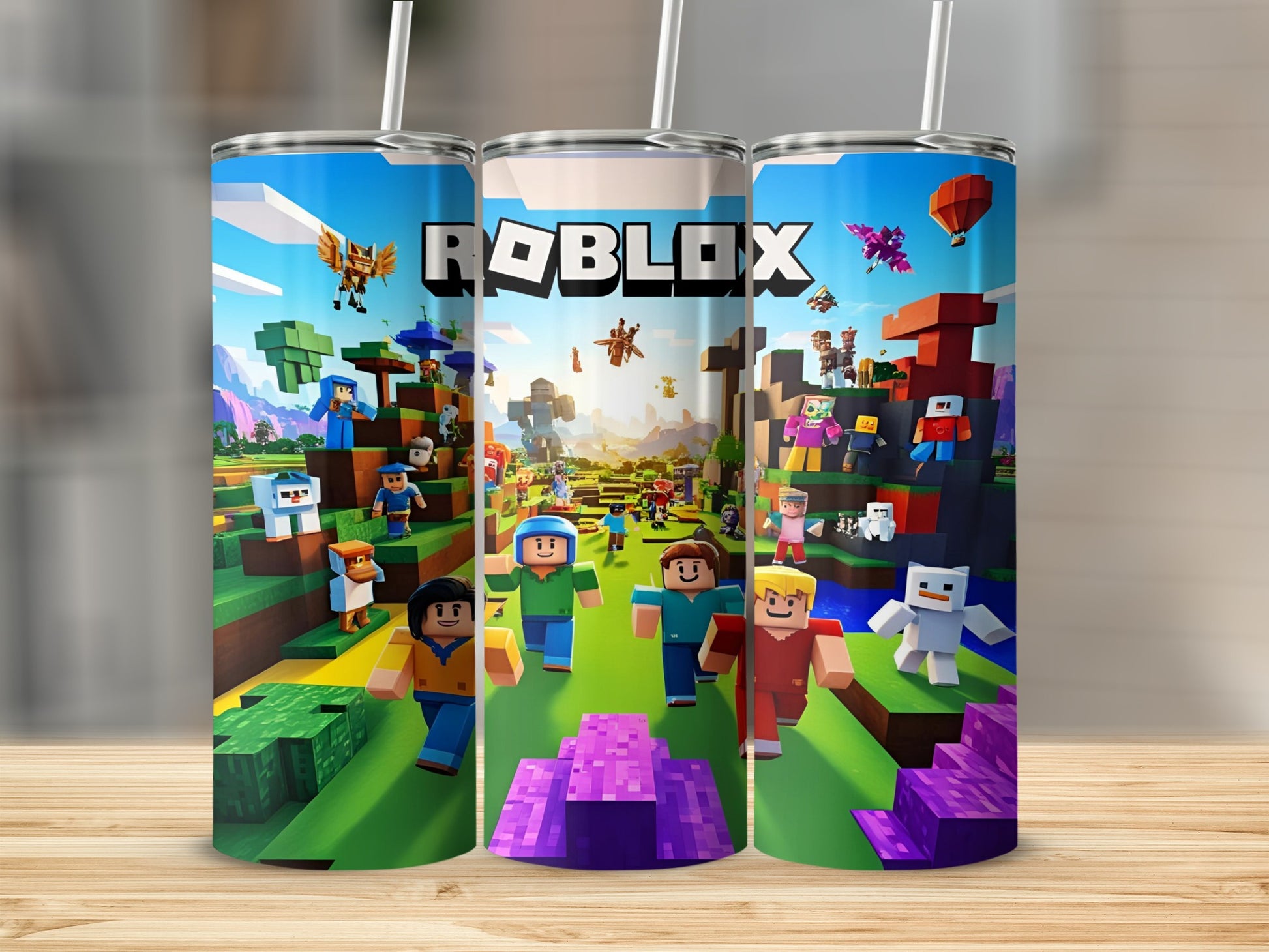 Roblox game scene with colorful characters and blocky landscape on a tumbler.