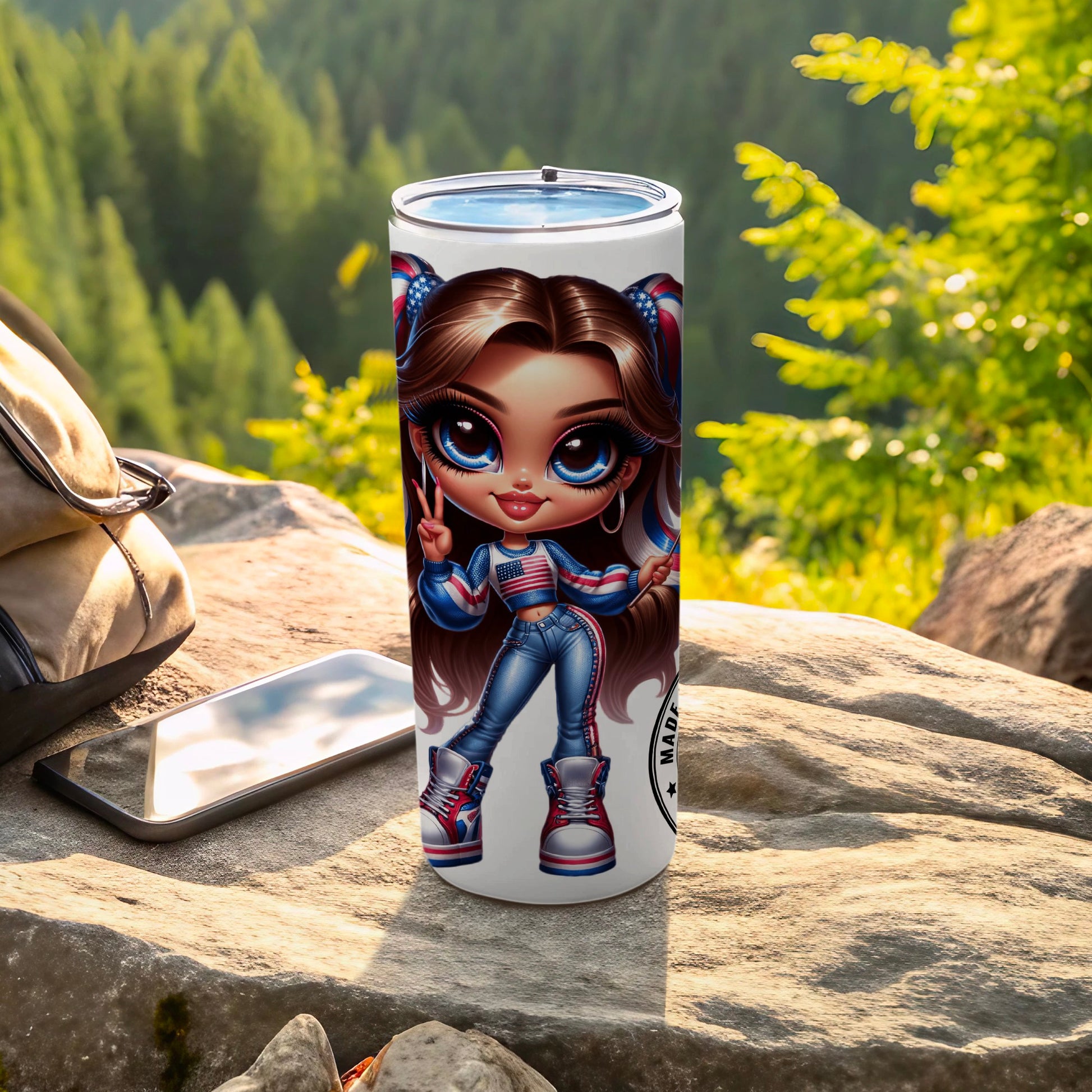 USA-themed tumbler with a cartoon girl graphic, patriotic outfit, outdoors setting.