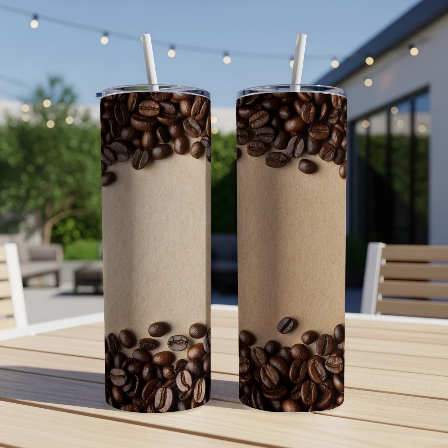 Two tumblers on a table with a coffee bean pattern and blank kraft paper band.