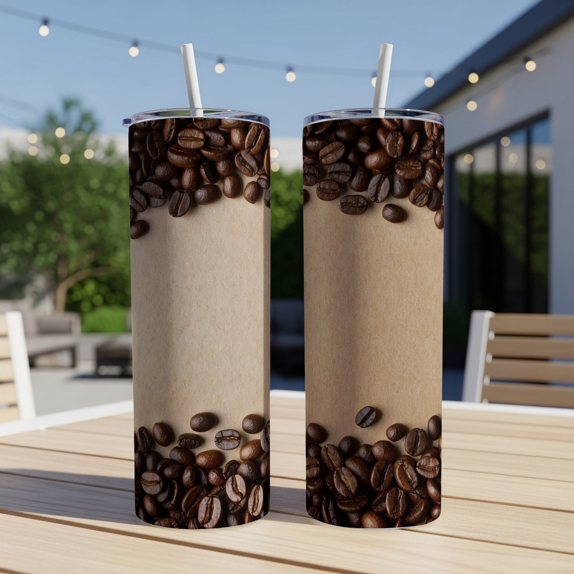 Two tumblers on a table with a coffee bean pattern and blank kraft paper band.