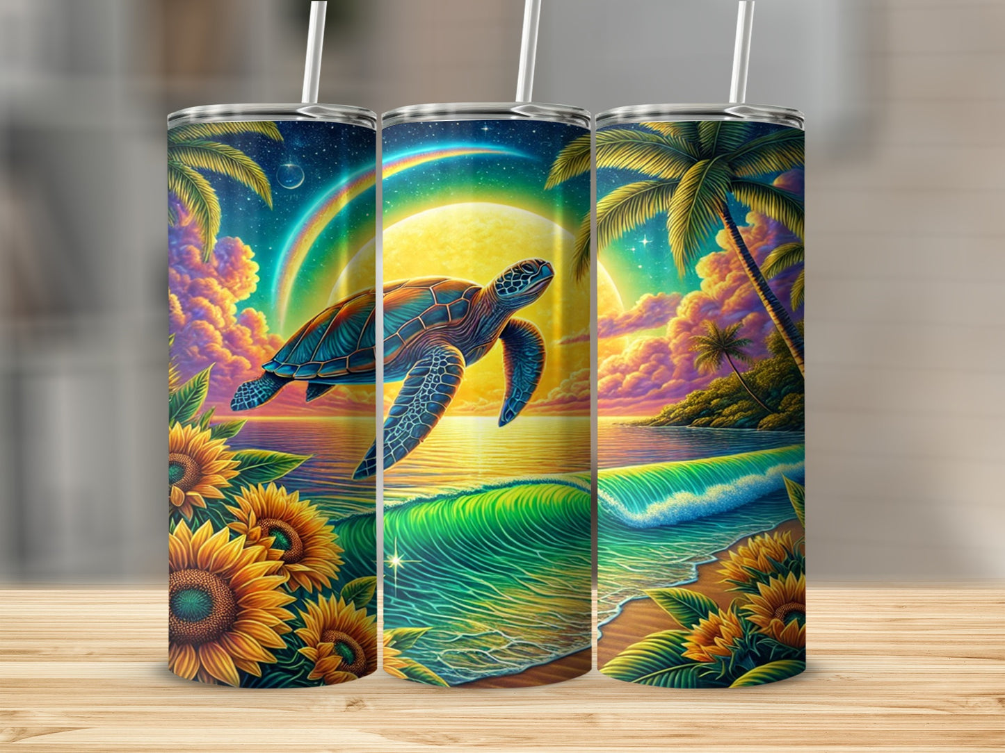 Tropical Sunset Beach Turtle Sunflower Tumbler