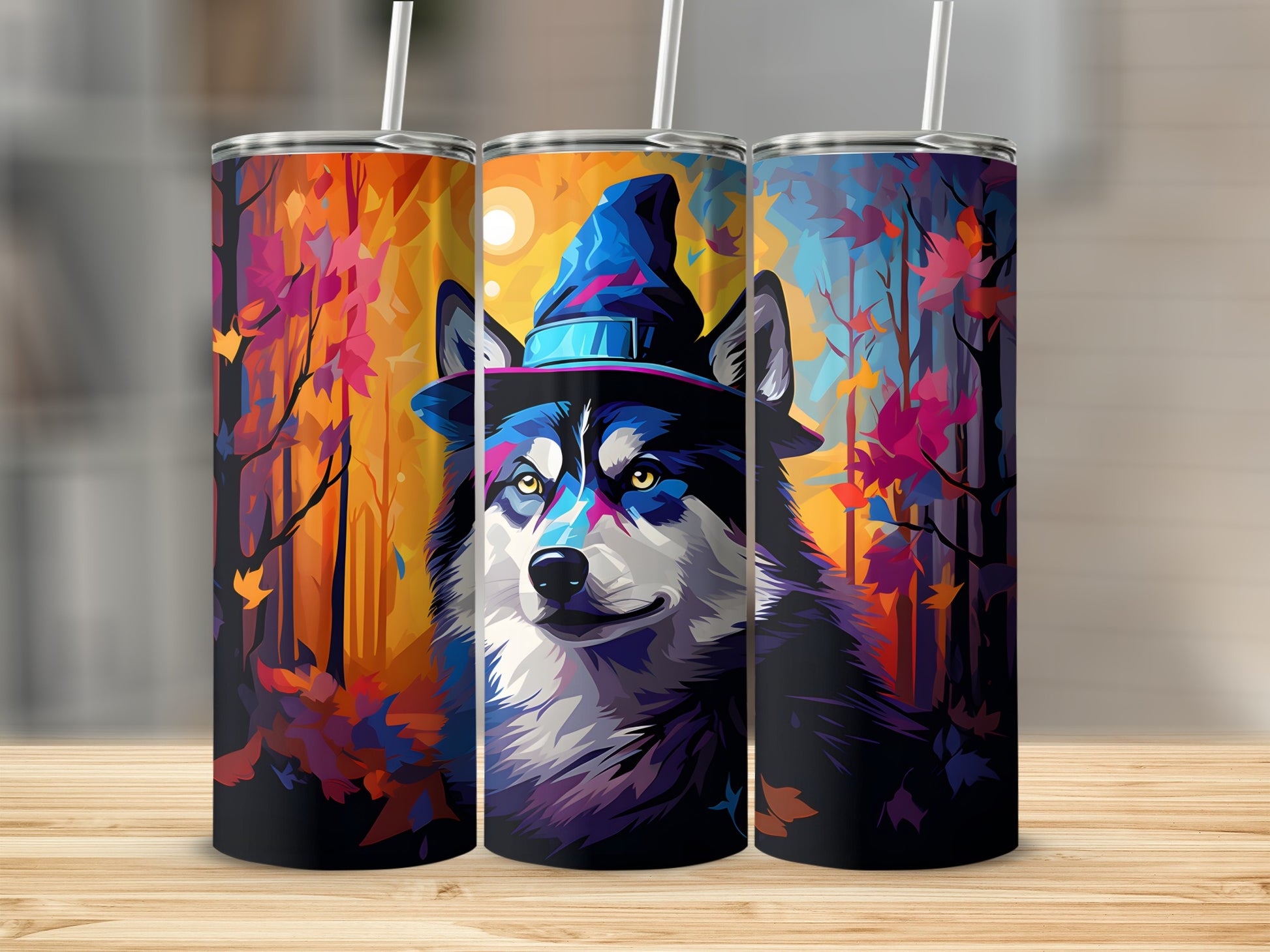 Three tumblers featuring a husky wearing a witch hat in a colorful autumn forest.