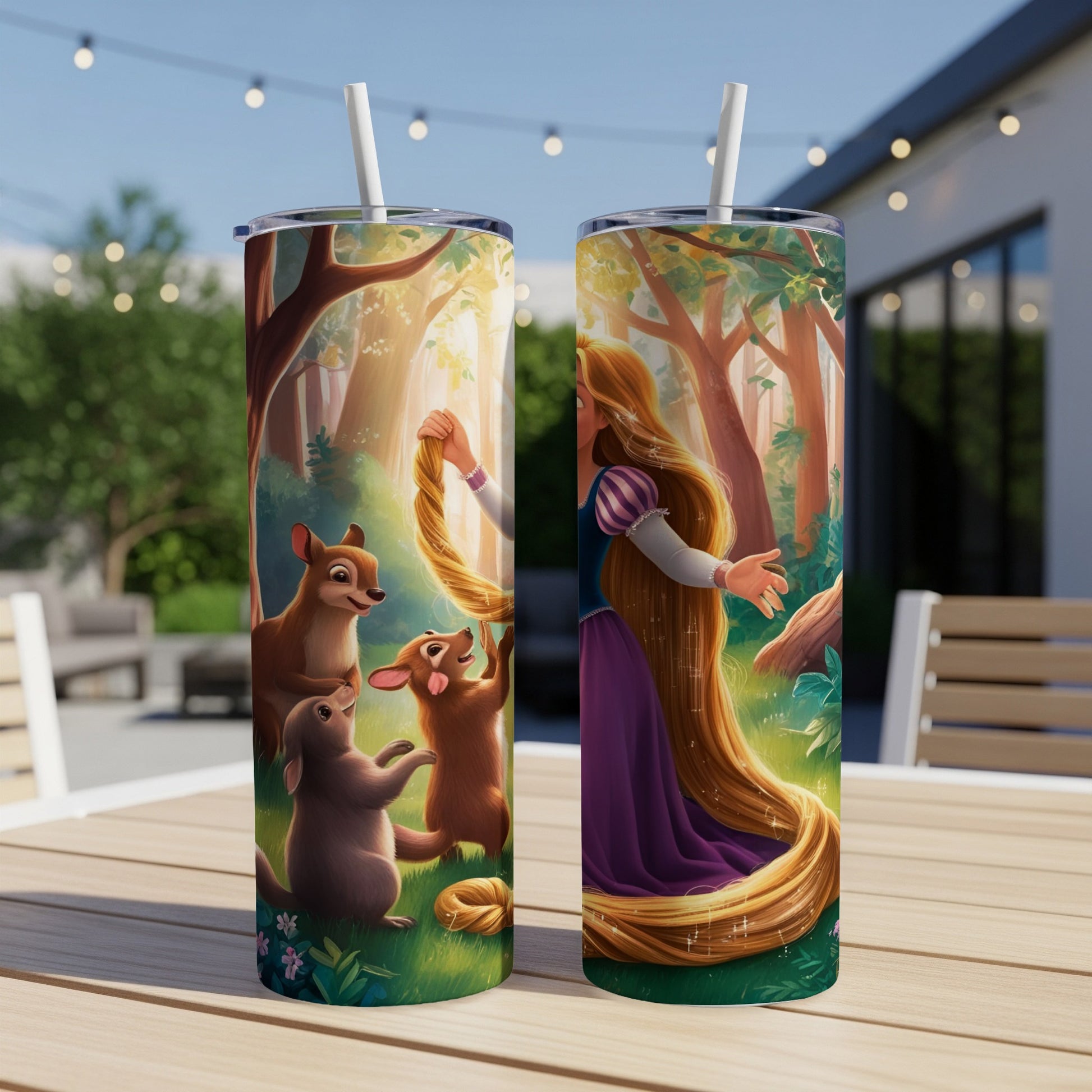 Rapunzel with woodland animals in a sunlit forest, on a tumbler.