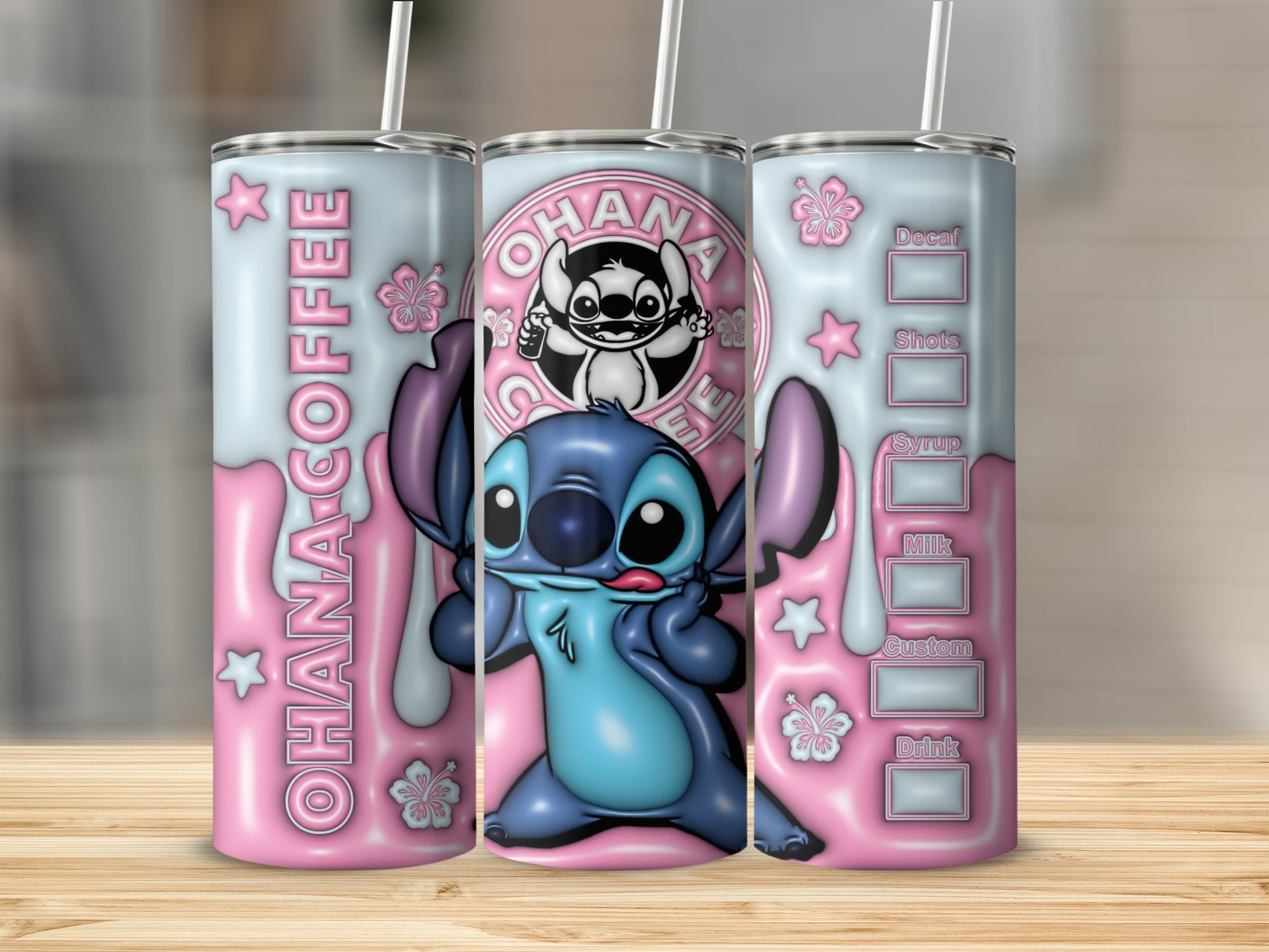 Ohana Coffee Themed Tumbler with Blue Cartoon Character