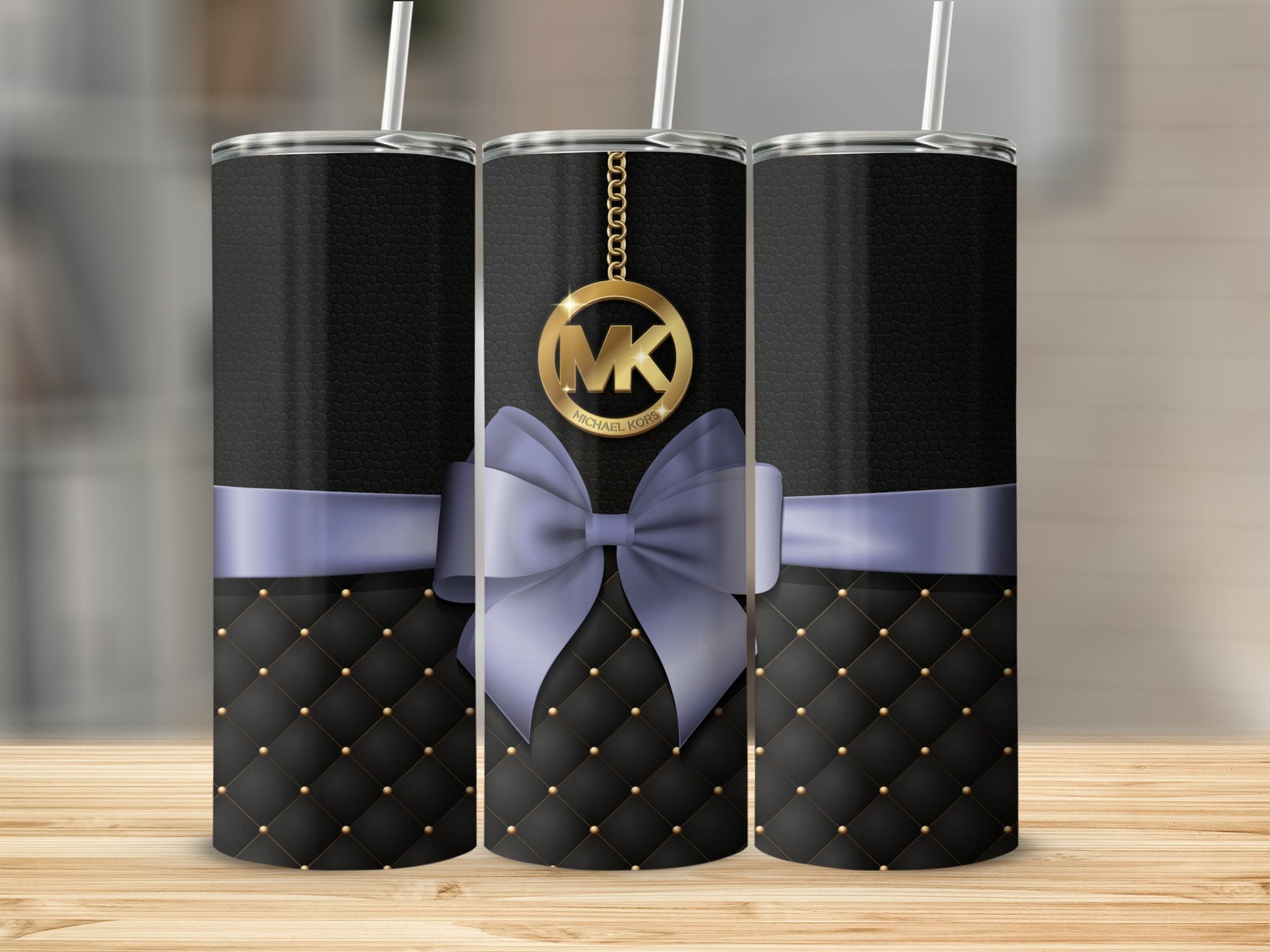 Elegant Black and Gold Tumbler with Purple Bow Design