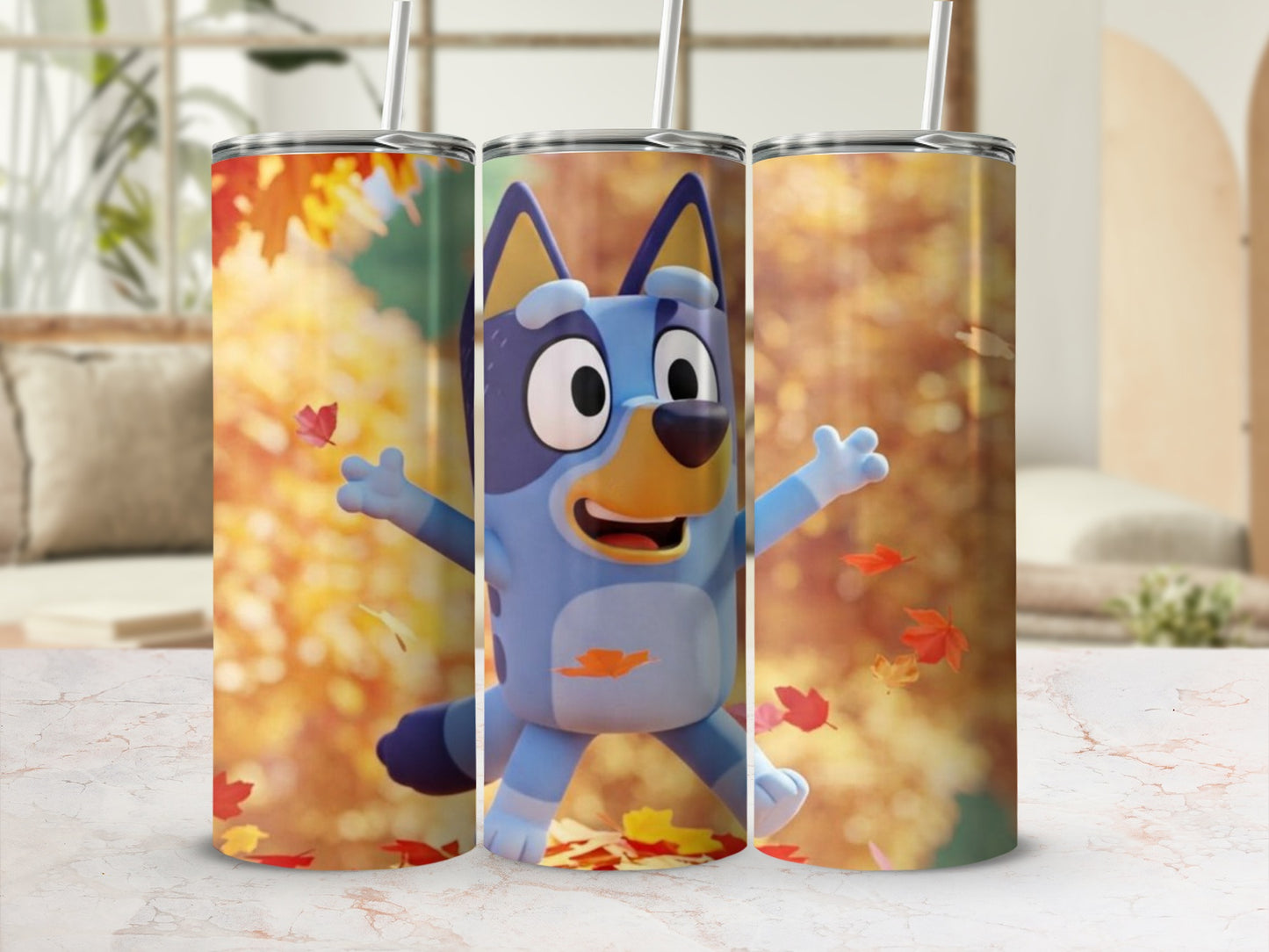 Animated Blue Dog Character Autumn Leaves Themed Tumbler