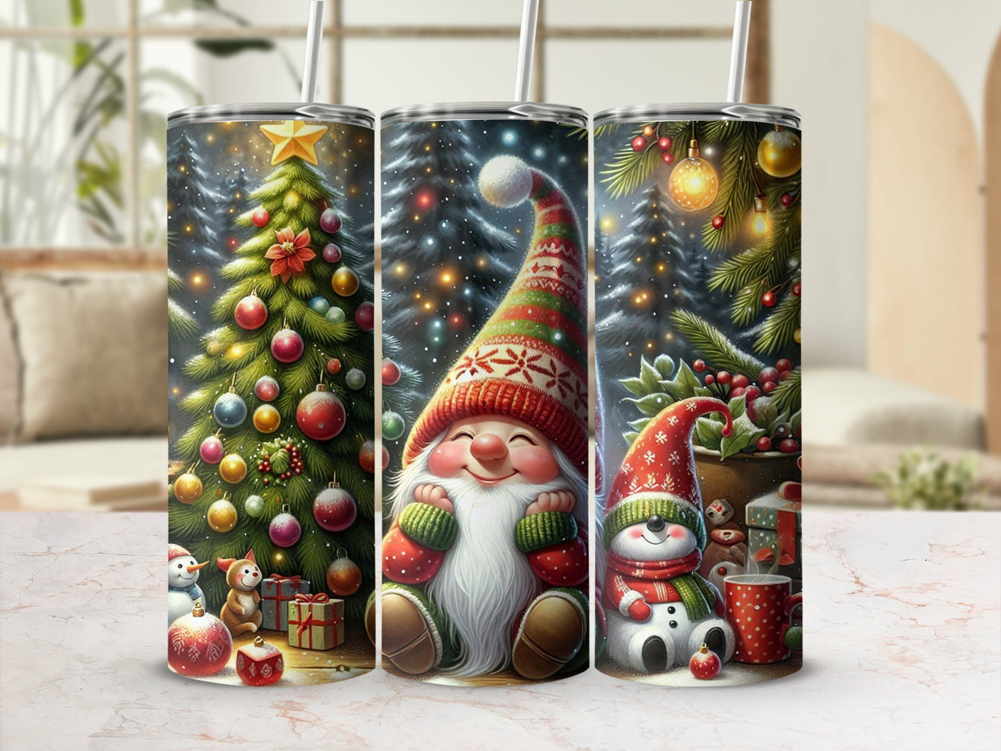 Three tumblers with festive gnome and Christmas tree designs.