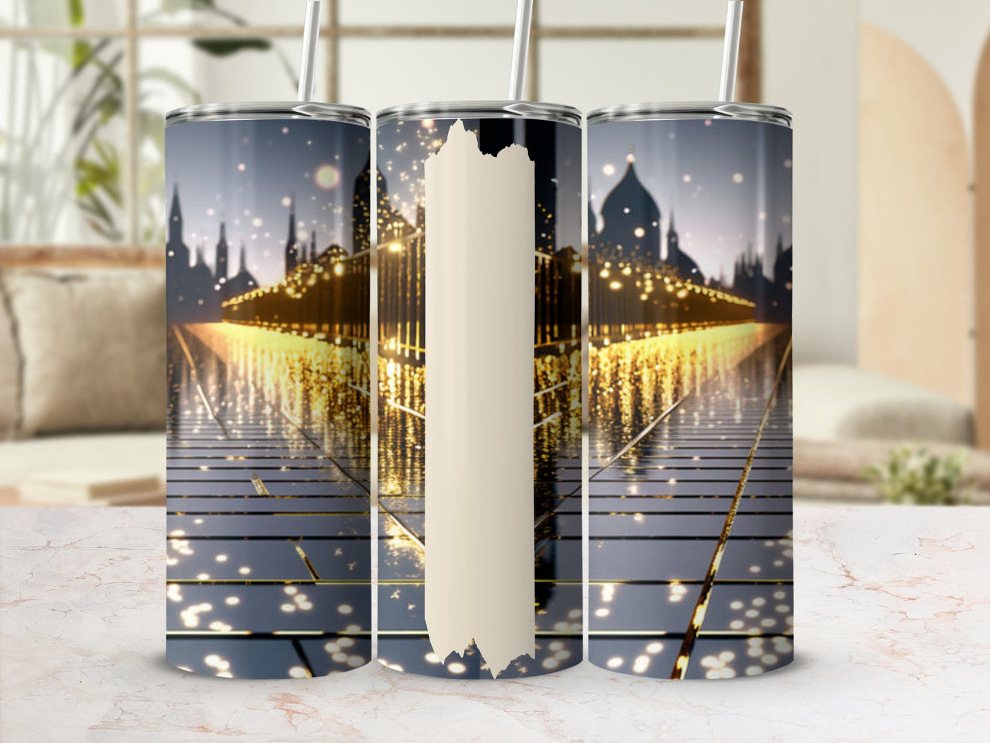Sleek tumbler with glowing city skyline and starry sky design.
