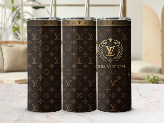 Three Louis Vuitton monogram tumblers with gold logo and Paris text.