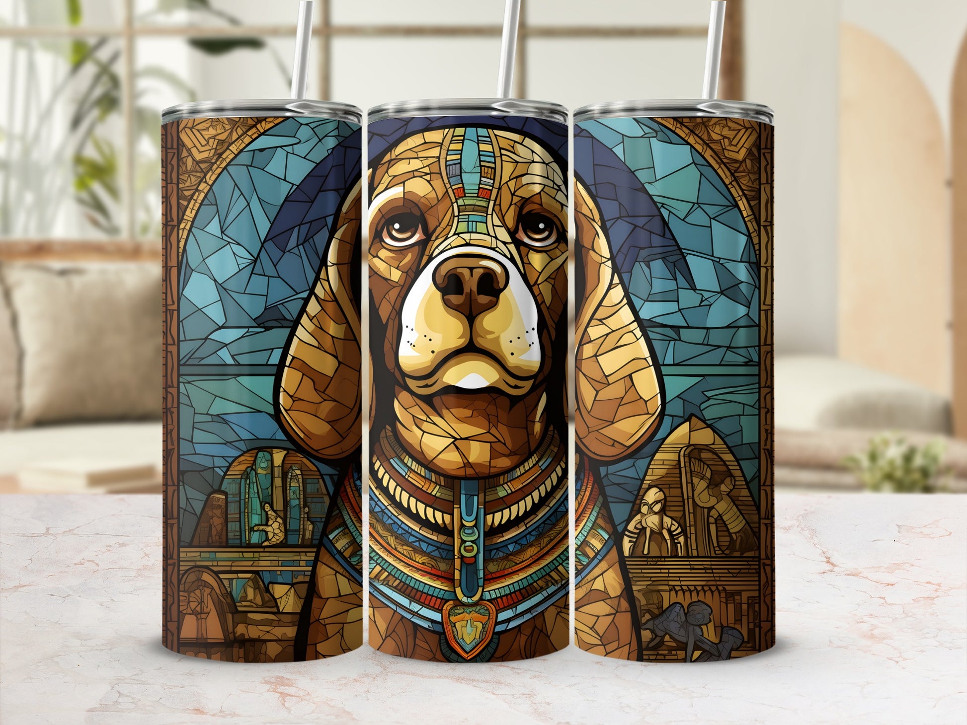 Three tumblers with a stained-glass style beagle and Egyptian motifs.