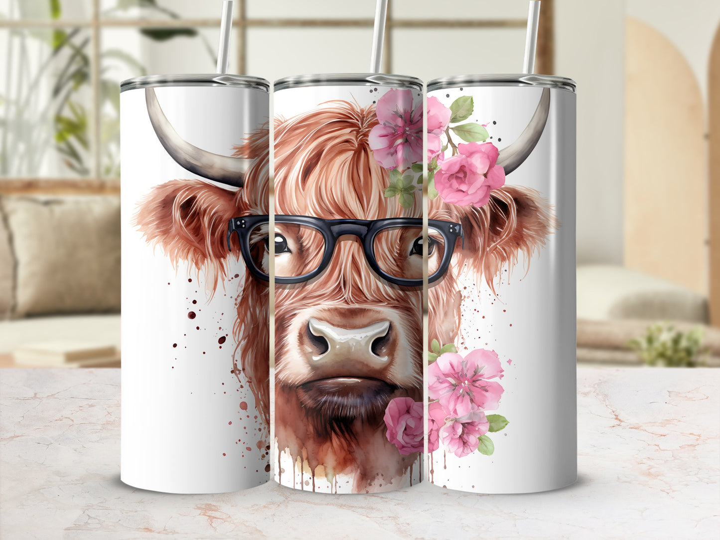 Watercolor Highland cow with glasses and pink flowers on a tumbler.