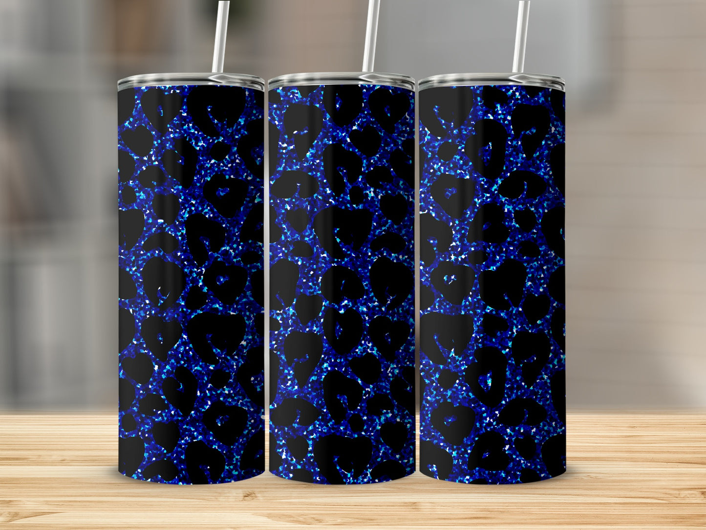 Blue Leopard Print Tumbler with Straw Tumbler Cup