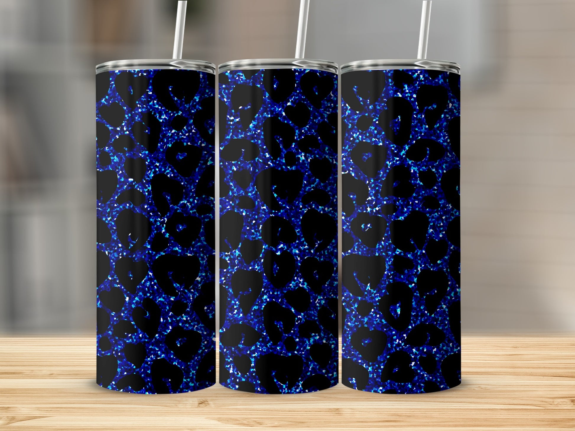 Blue Leopard Print Tumbler with Straw Tumbler Cup