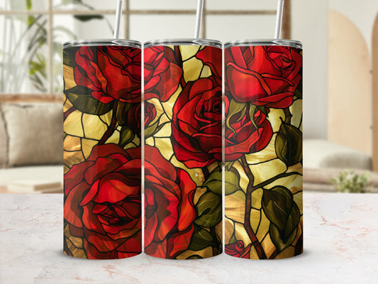 Three tumblers with red roses and stained-glass background pattern.