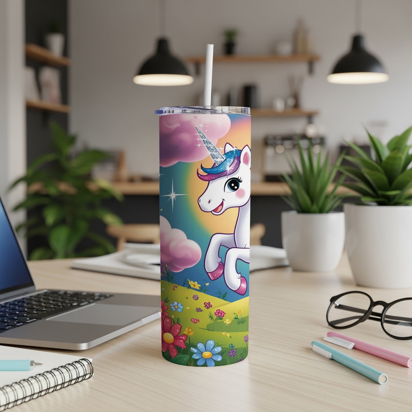 Cartoon unicorn with rainbow mane on a grassy field with flowers.
