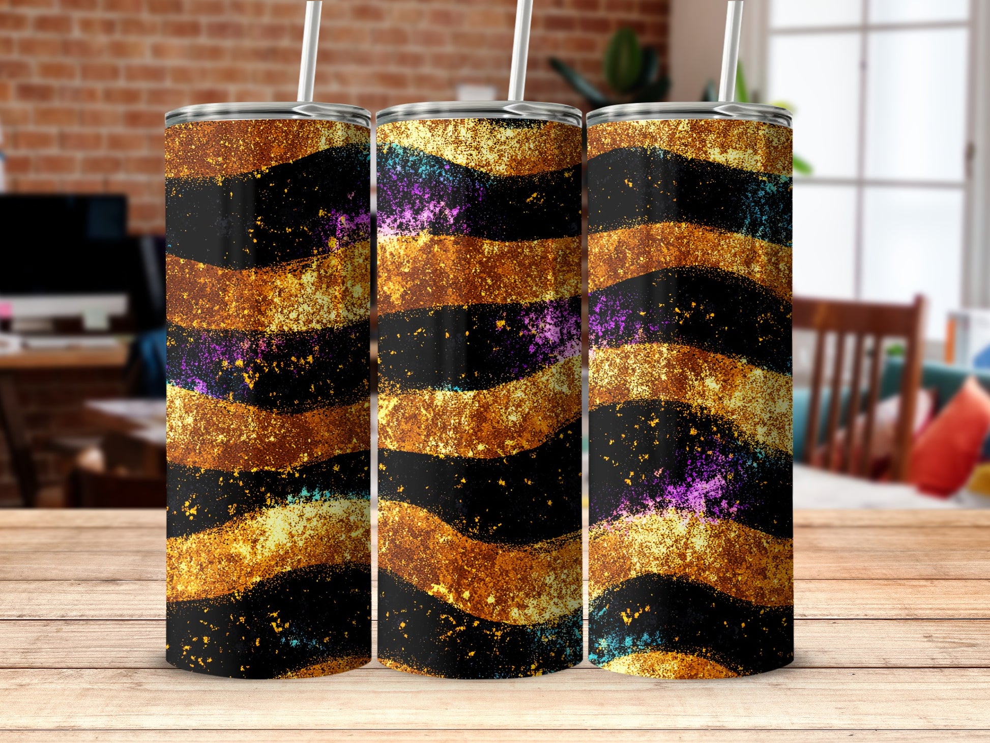 Glittering Waves Tumbler with Straws Insulated Cup