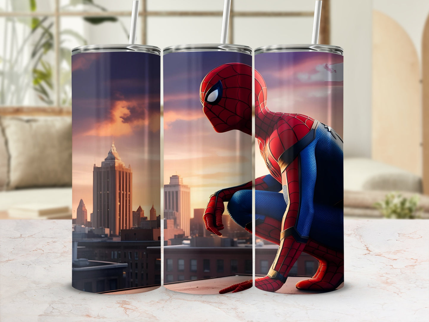 Spiderman crouching on rooftop overlooking city skyline at sunset