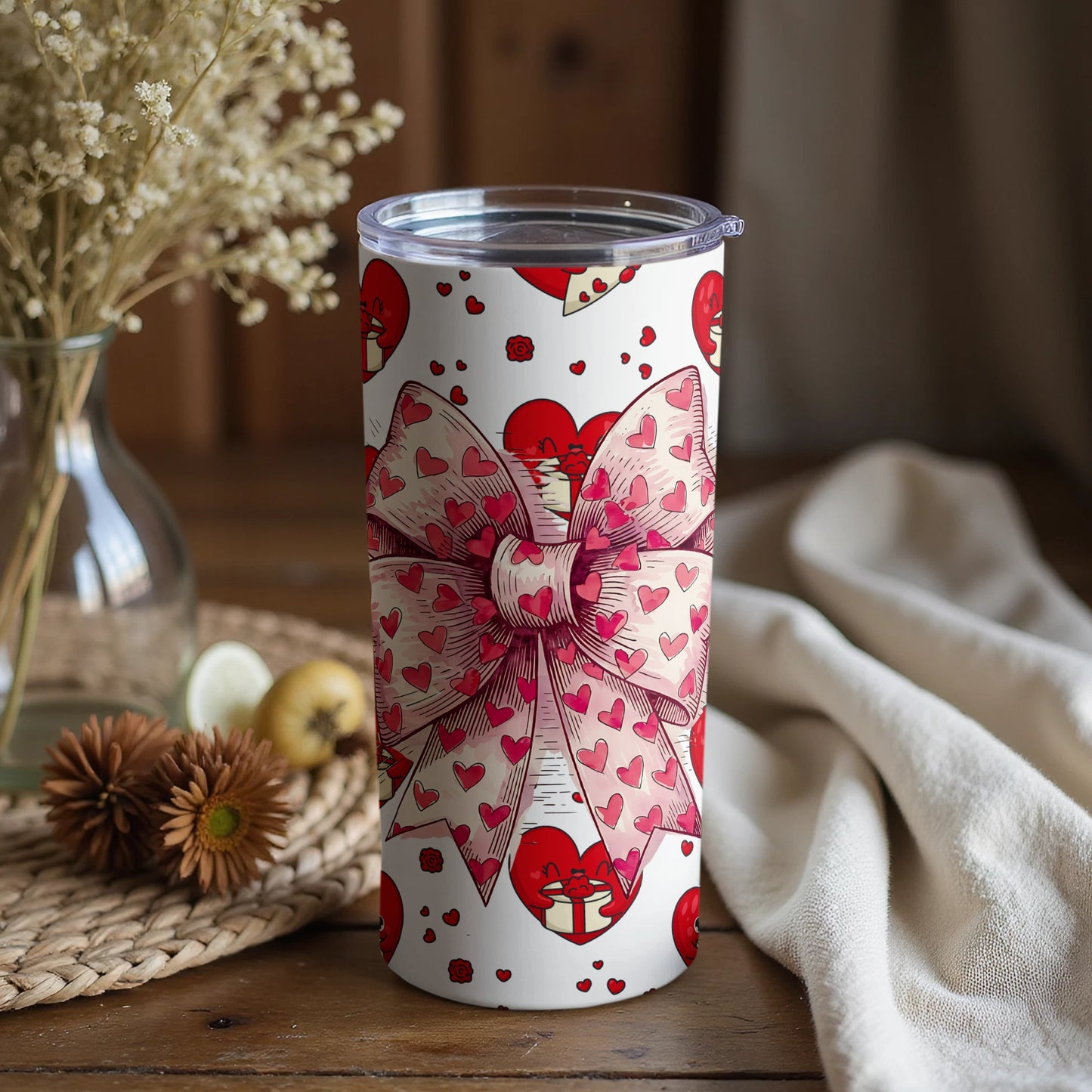 Valentine Hearts and Pink Bow Design Tumbler