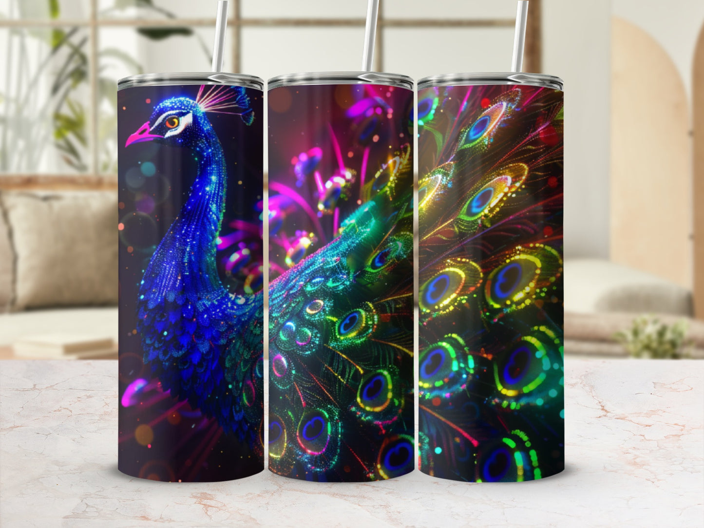 Triptych of tumblers featuring a vibrant, colorful peacock with ornate tail feathers.