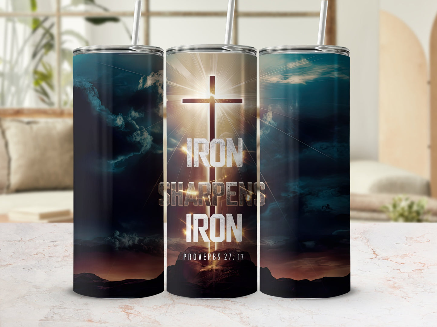 Cross with text "IRON SHARPENS IRON PROVERBS 27:17" on a tumbler.