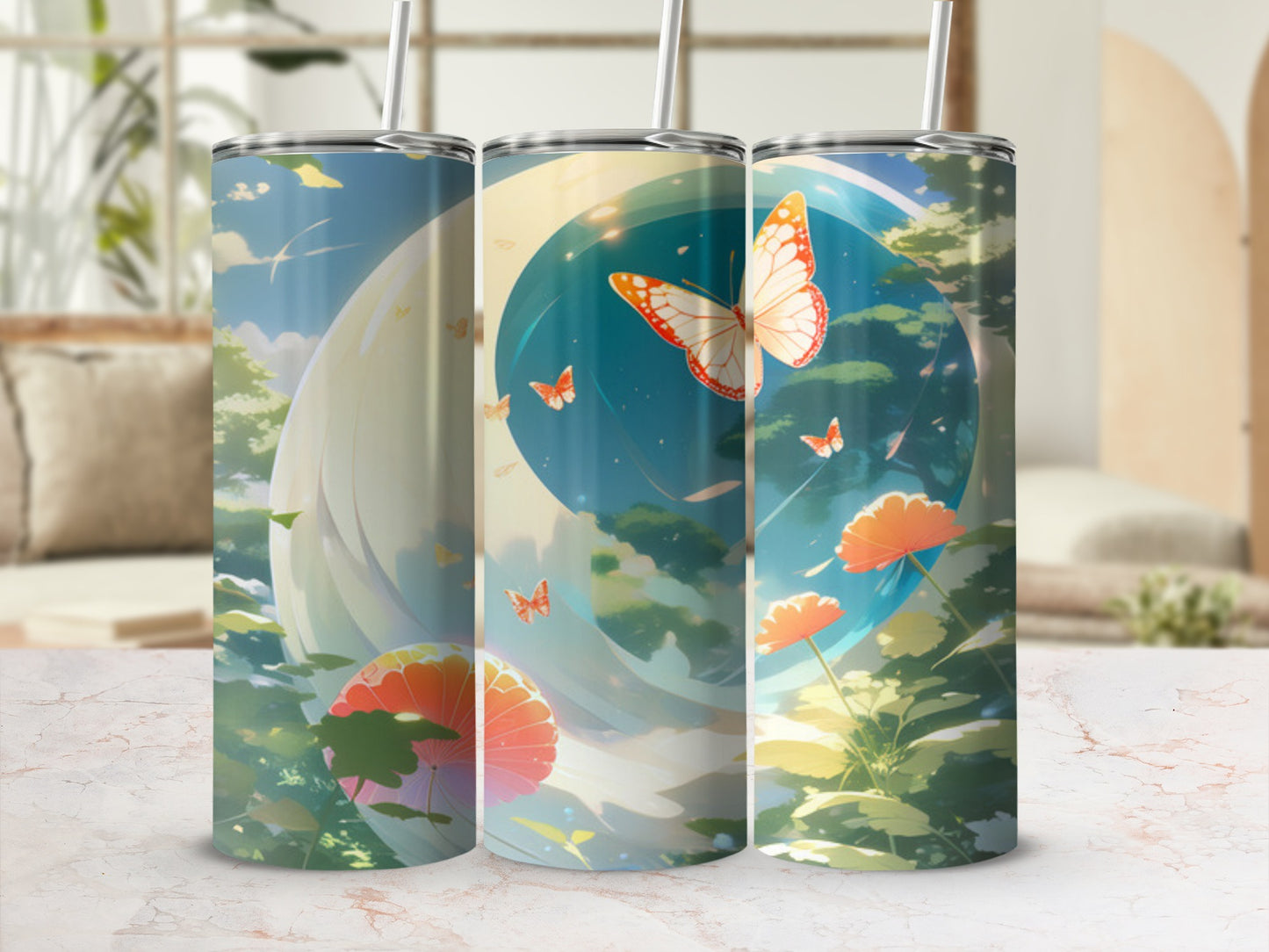 Three tumblers with a butterfly and floral fantasy art design.