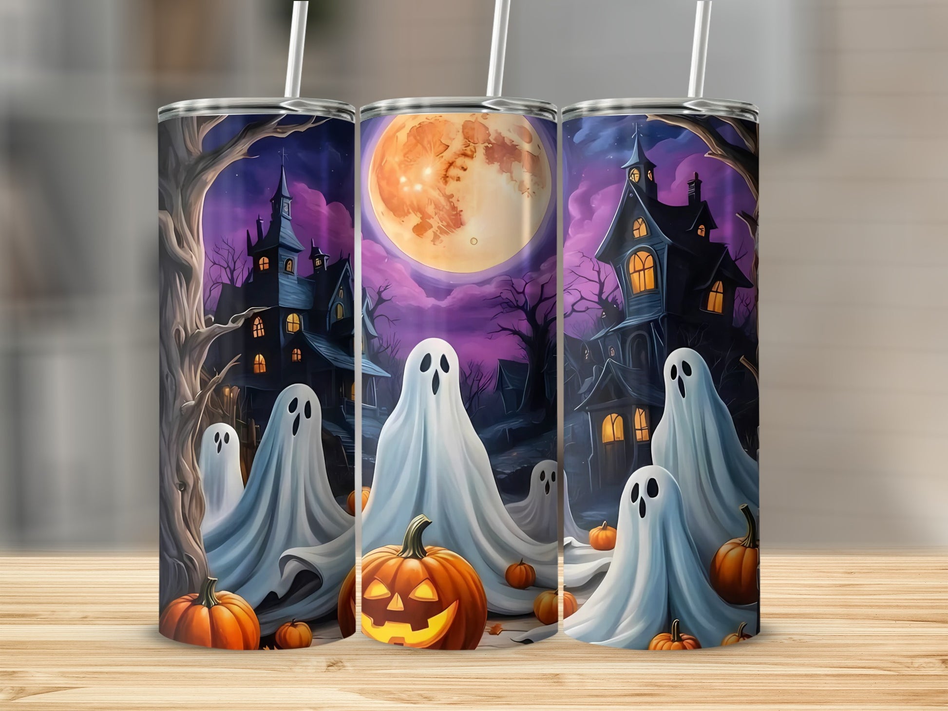 Halloween-themed tumblers with ghosts, jack-o'-lanterns, and haunted houses under a full moon.