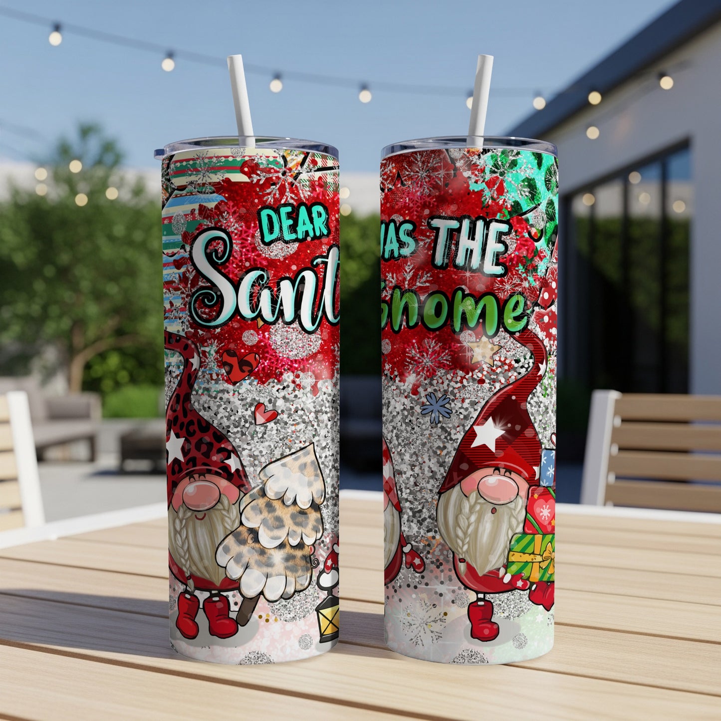 Two tall tumblers with gnomes, presents, and "Dear Santa I was the gnome" text.