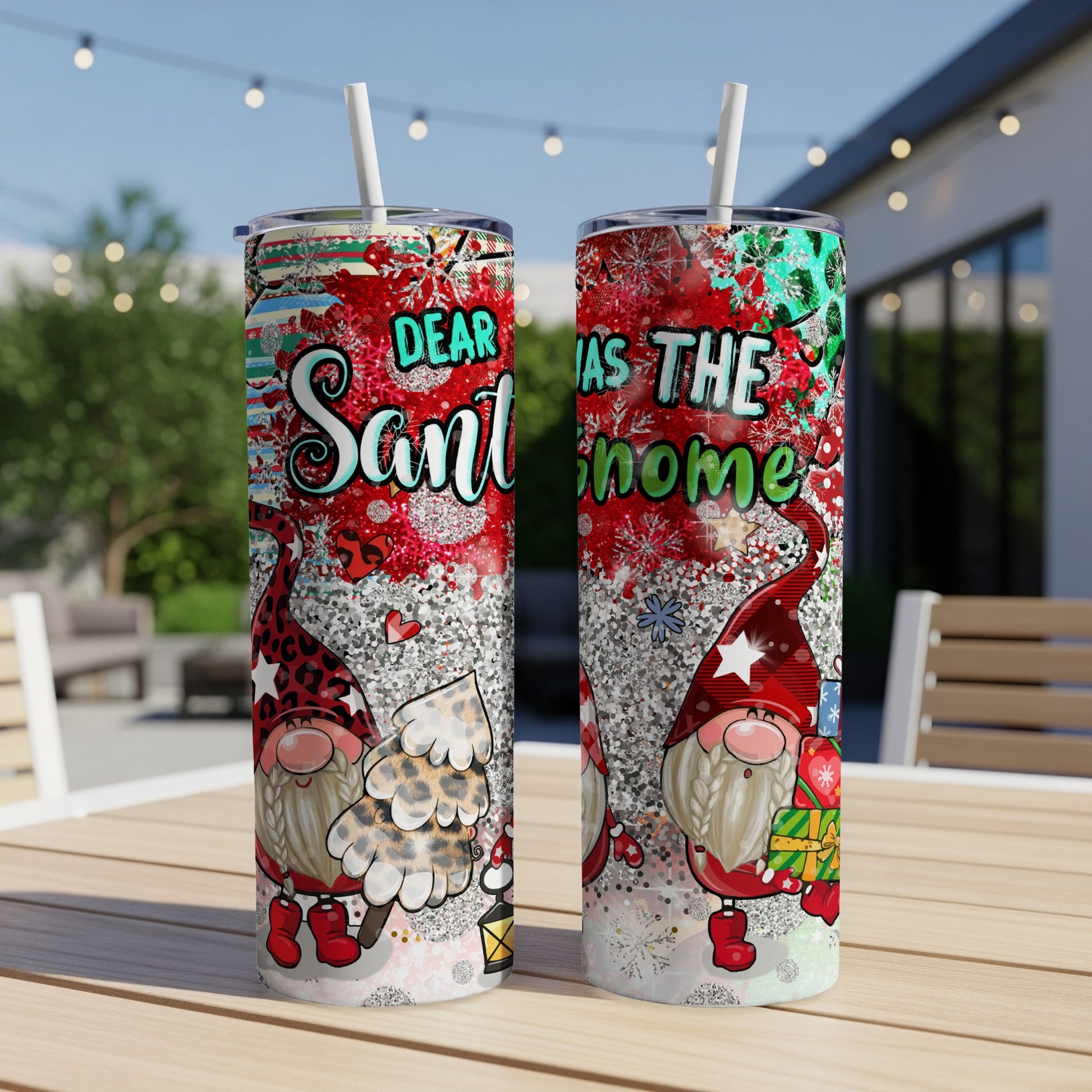 Two tall tumblers with gnomes, presents, and "Dear Santa I was the gnome" text.