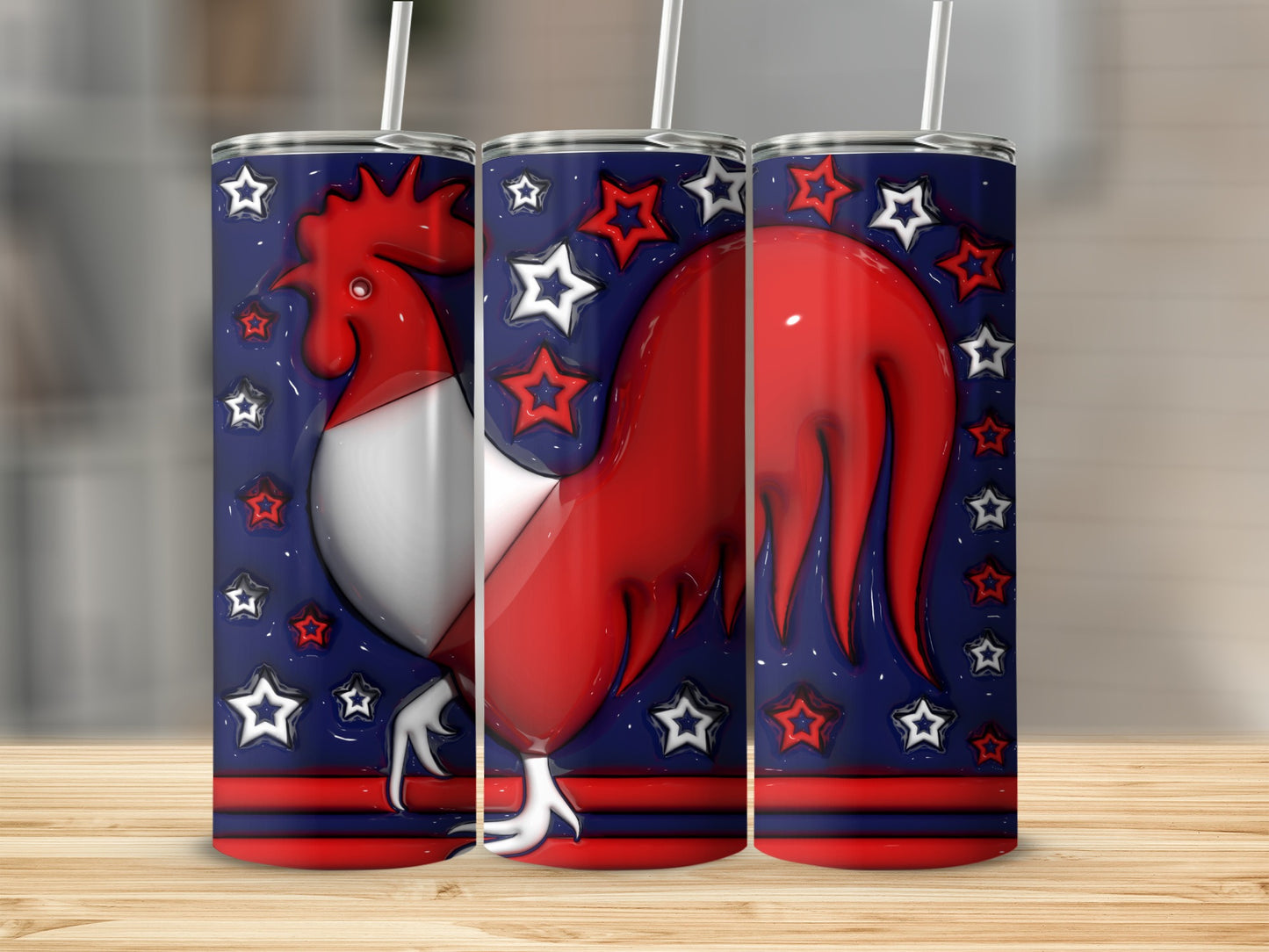 Three tumblers featuring a red and white rooster with stars and stripes.