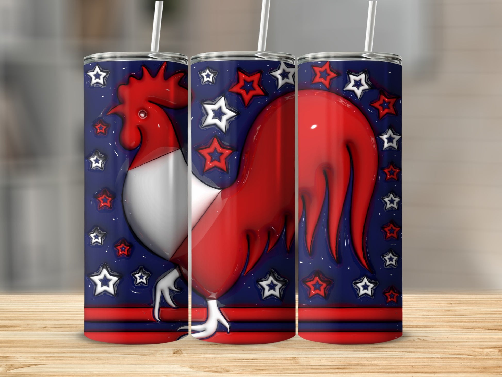 Three tumblers featuring a red and white rooster with stars and stripes.