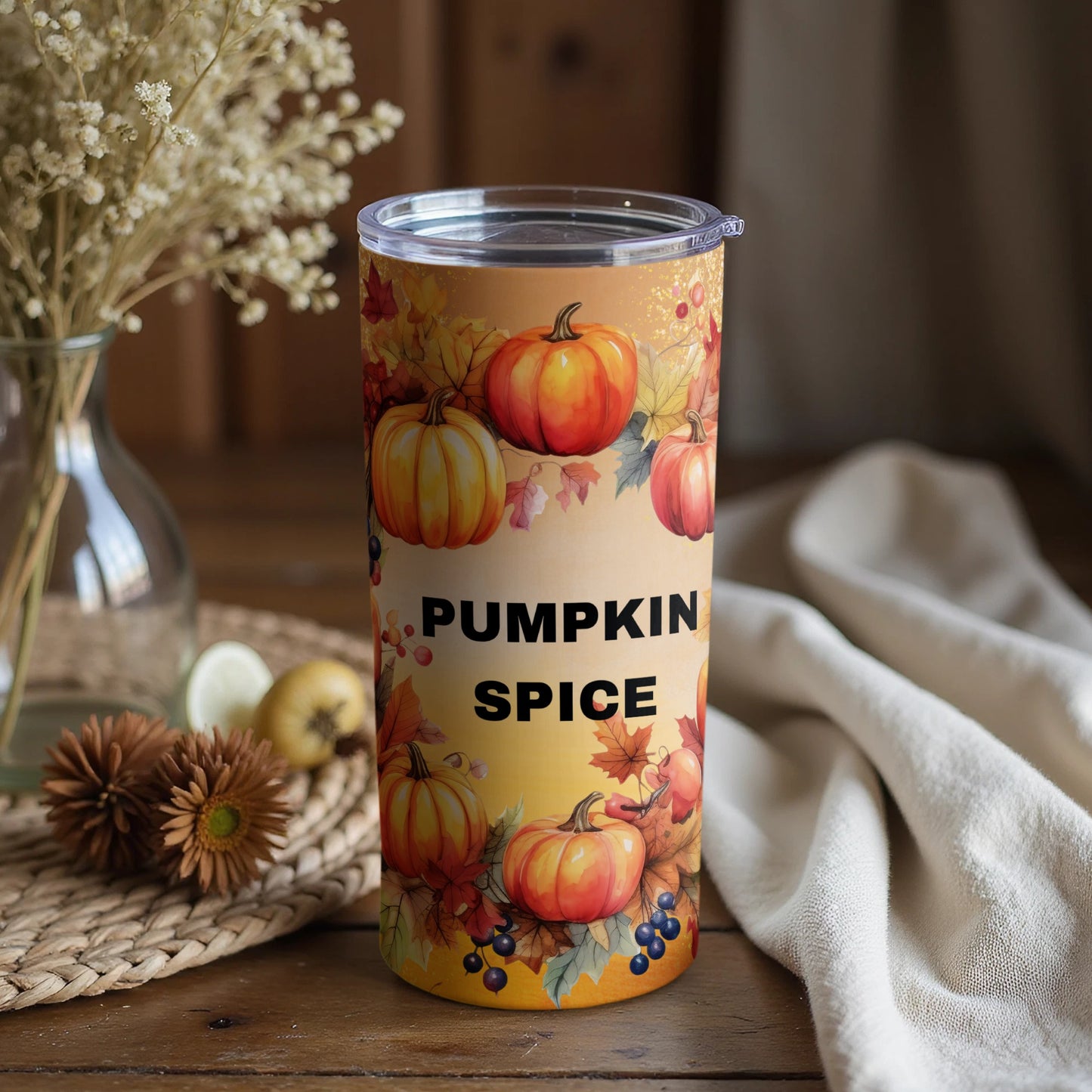 Festive Pumpkin Spice Themed Tumbler With Lid