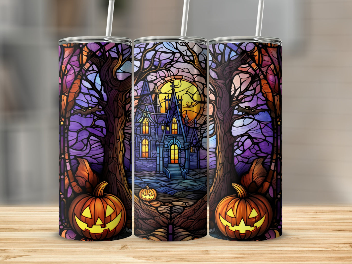Stained glass-style Halloween tumbler with haunted house and pumpkins.