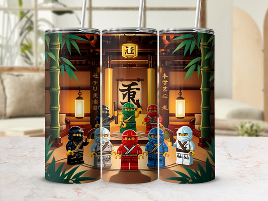 Ninjago characters in a traditional Japanese room with bamboo and lanterns.