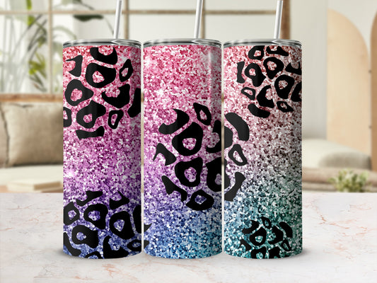 Three tumblers with a pink, purple, and blue glitter and leopard print design.