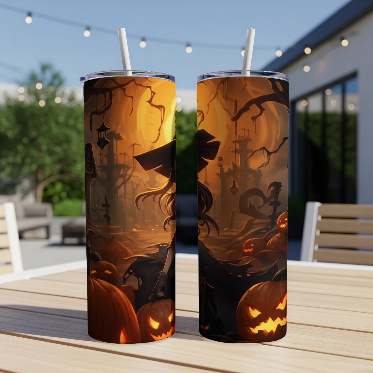 Two tumblers with Halloween witch and jack-o'-lanterns design on a table.