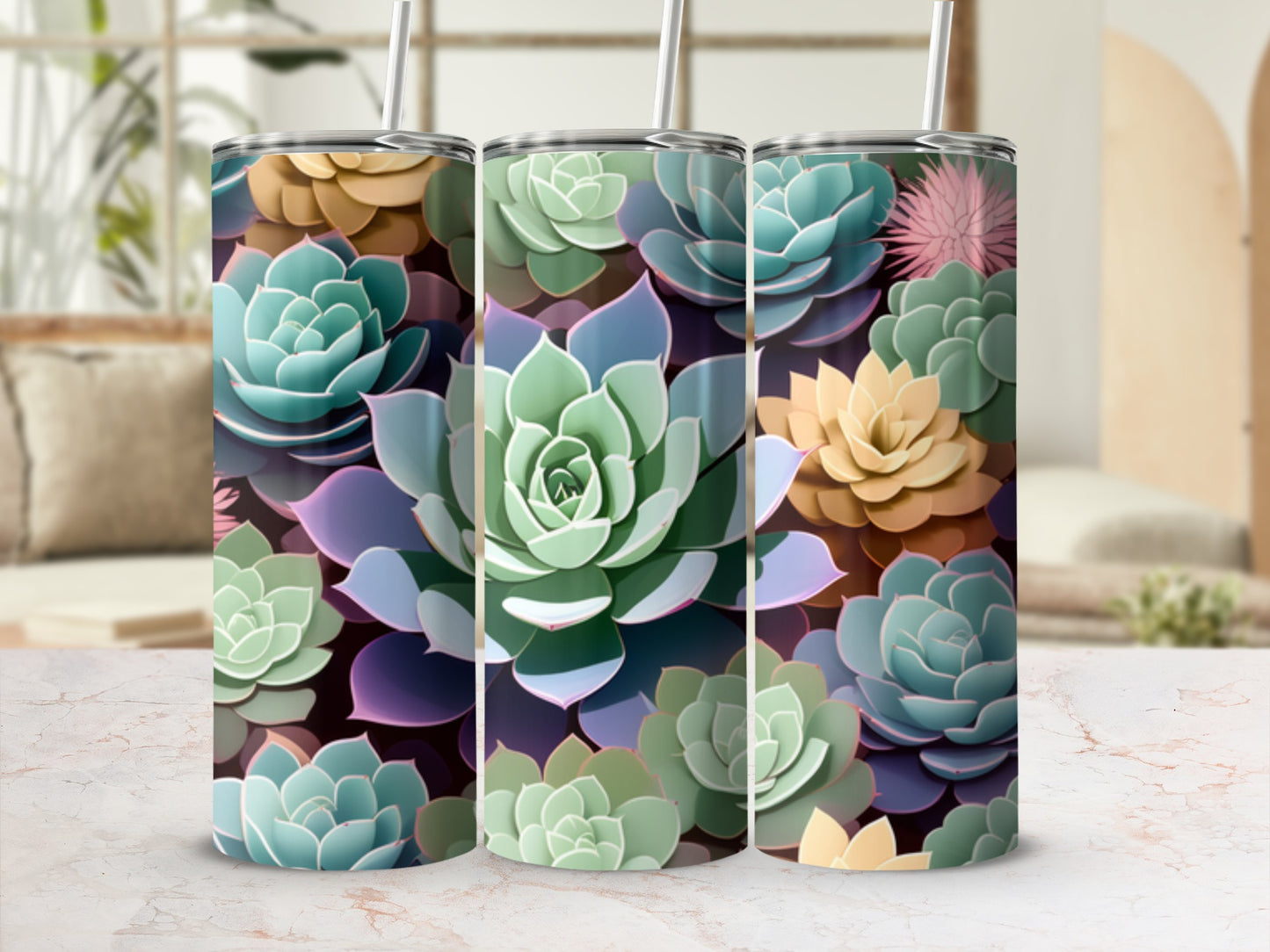 Tumbler with a succulent floral pattern in pastel colors.