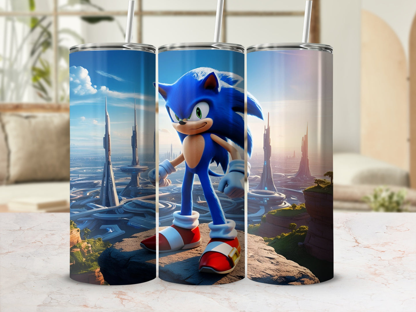 Sonic the Hedgehog standing on a rock ledge overlooking a futuristic city.