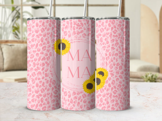 Pink leopard print tumbler with "Mama" text and sunflowers.