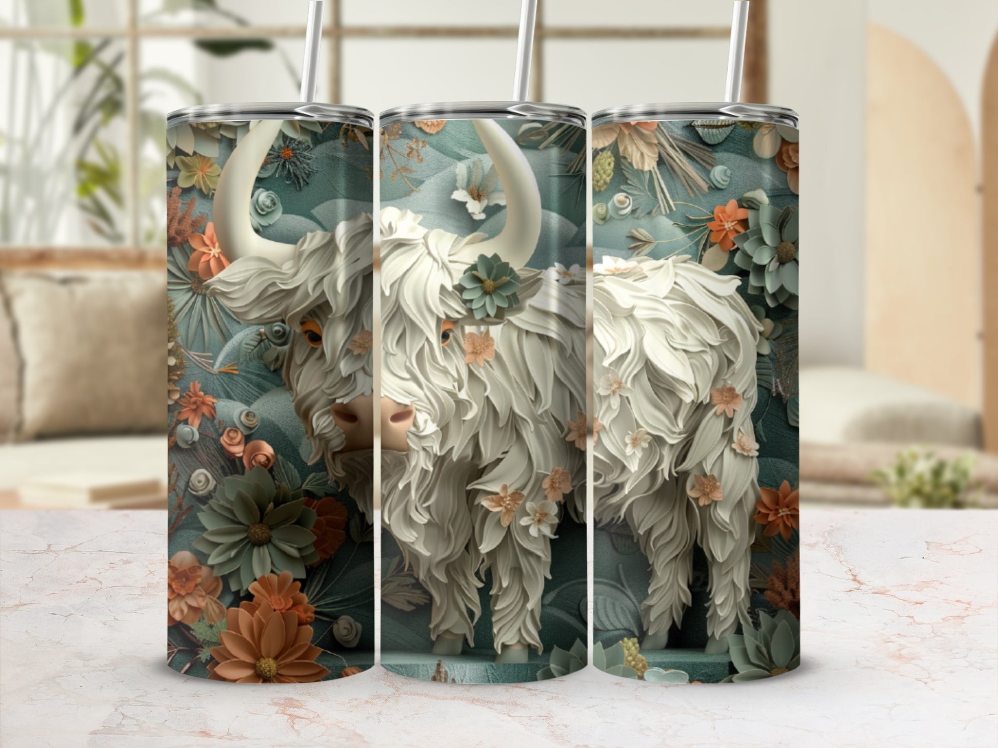 White Highland cow with floral accents on a patterned tumbler.