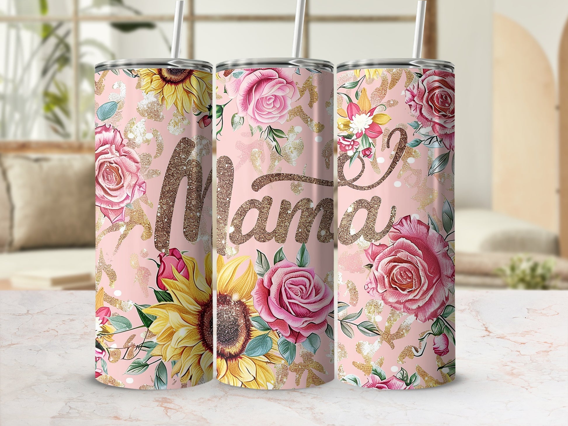 Glitter Gold Mama Floral Insulated Tumbler Cup