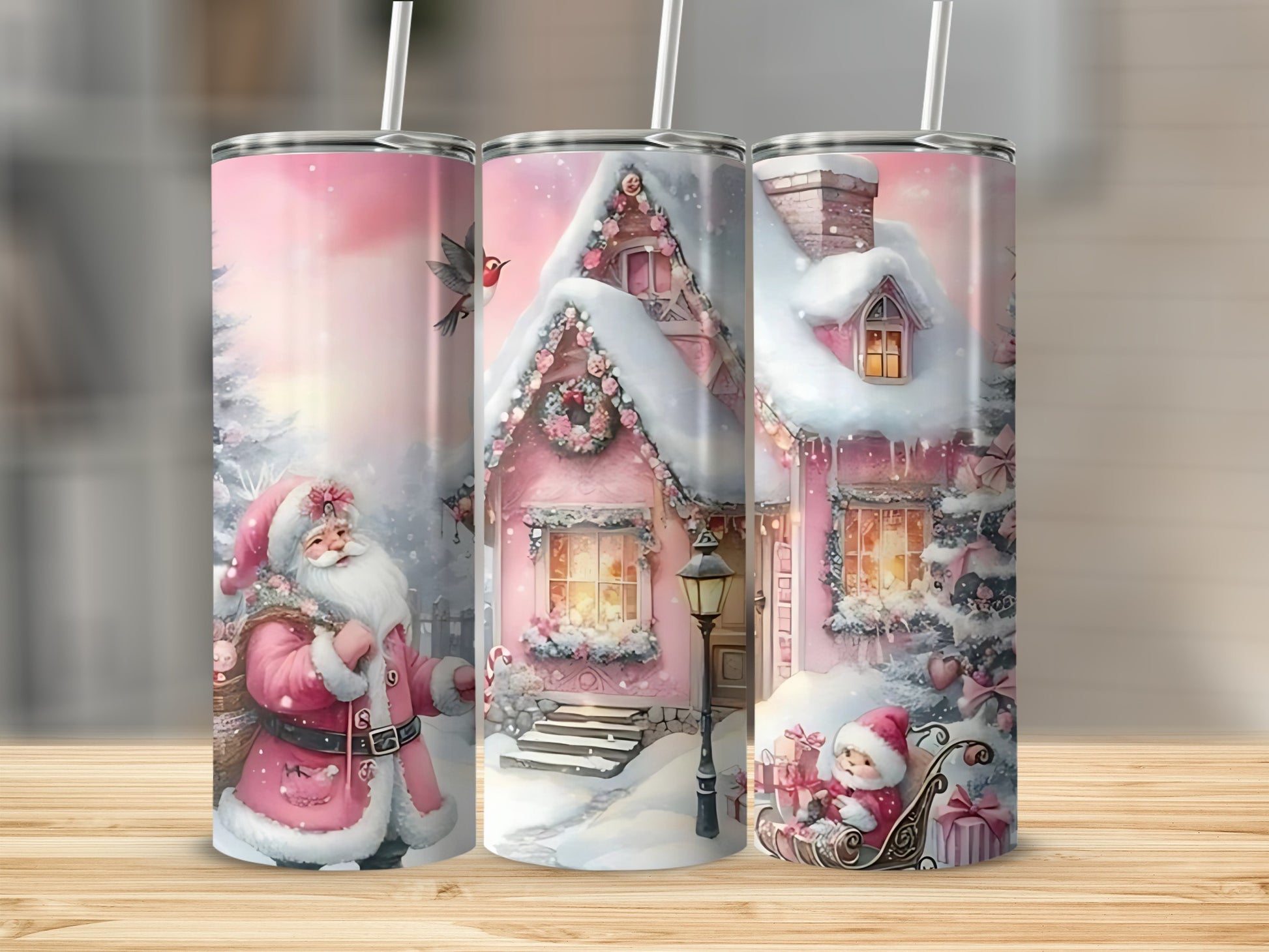 Magical Santa Claus and Pink House Christmas Tumblers