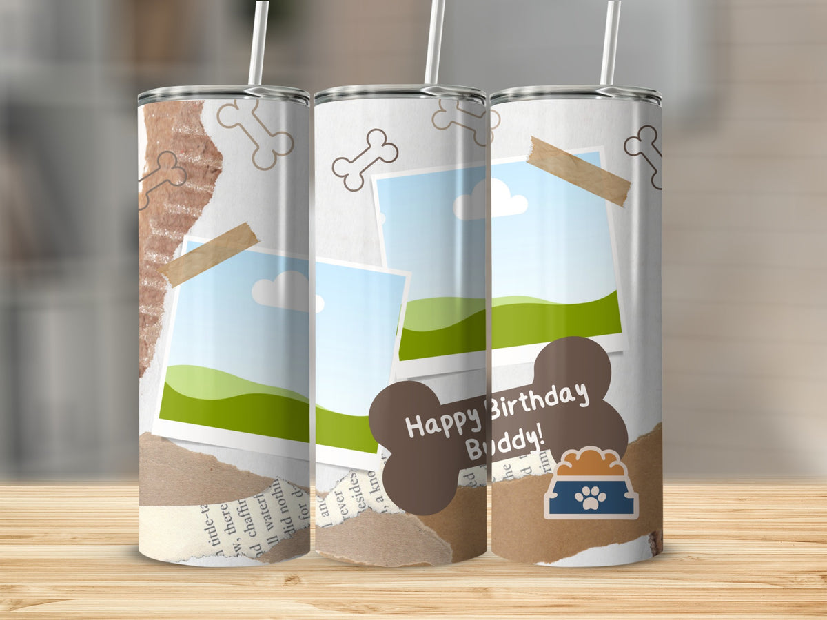 Tumblers with dog bone designs and "Happy Birthday Buddy!" text.