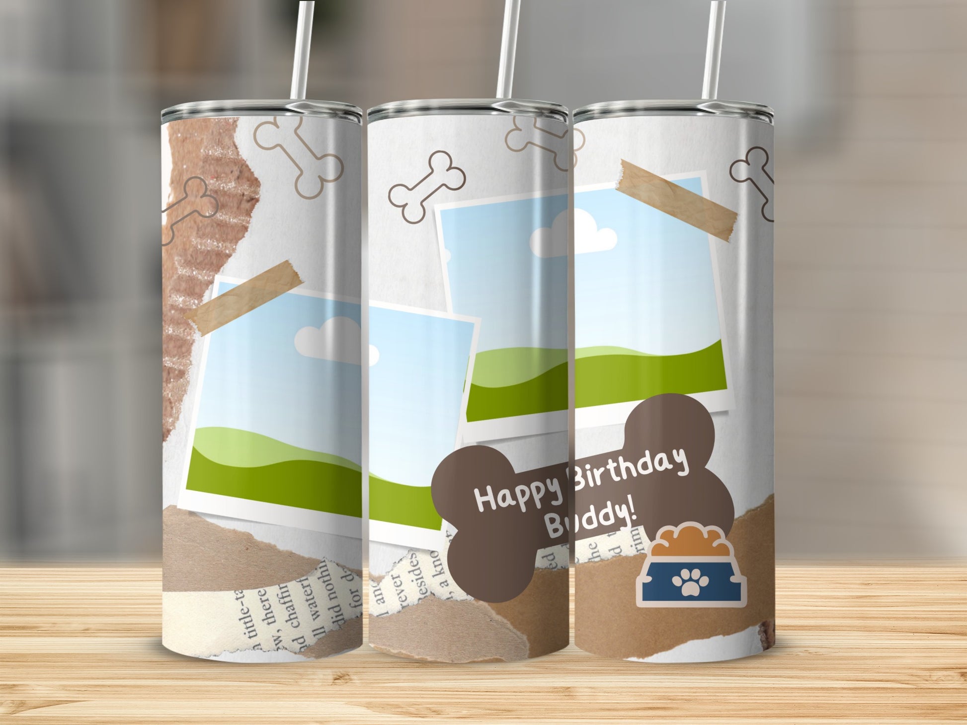 Tumblers with dog bone designs and "Happy Birthday Buddy!" text.