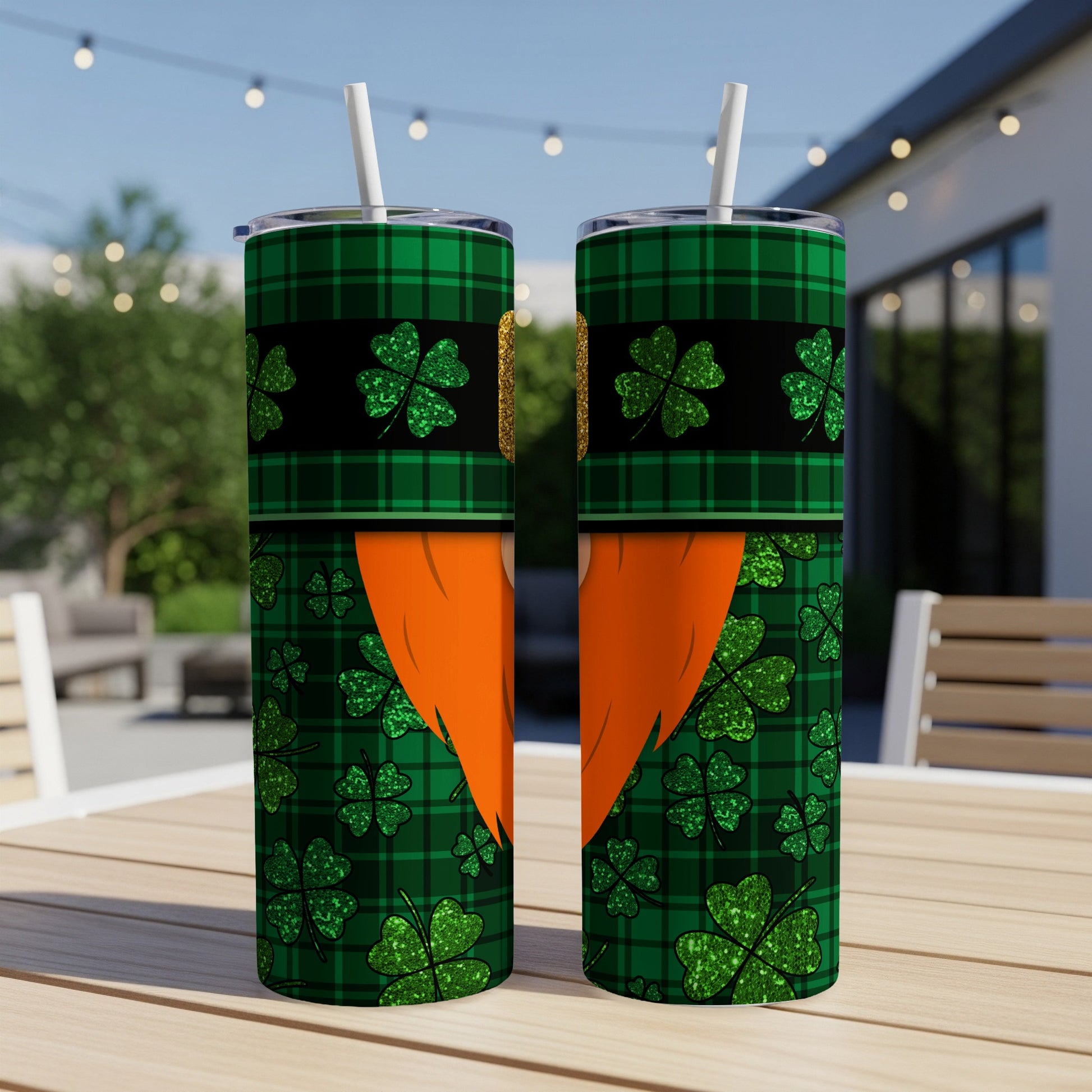 Two St. Patrick's Day themed tumblers with shamrocks and plaid patterns.