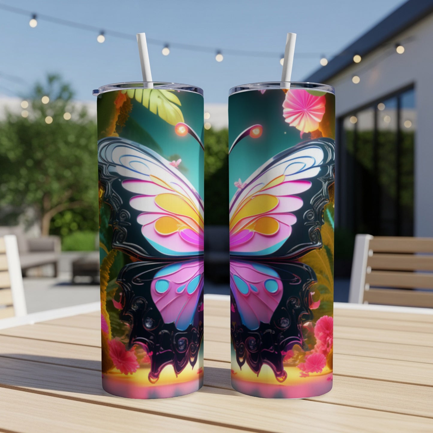 Two tumblers featuring a colorful butterfly design with floral accents.